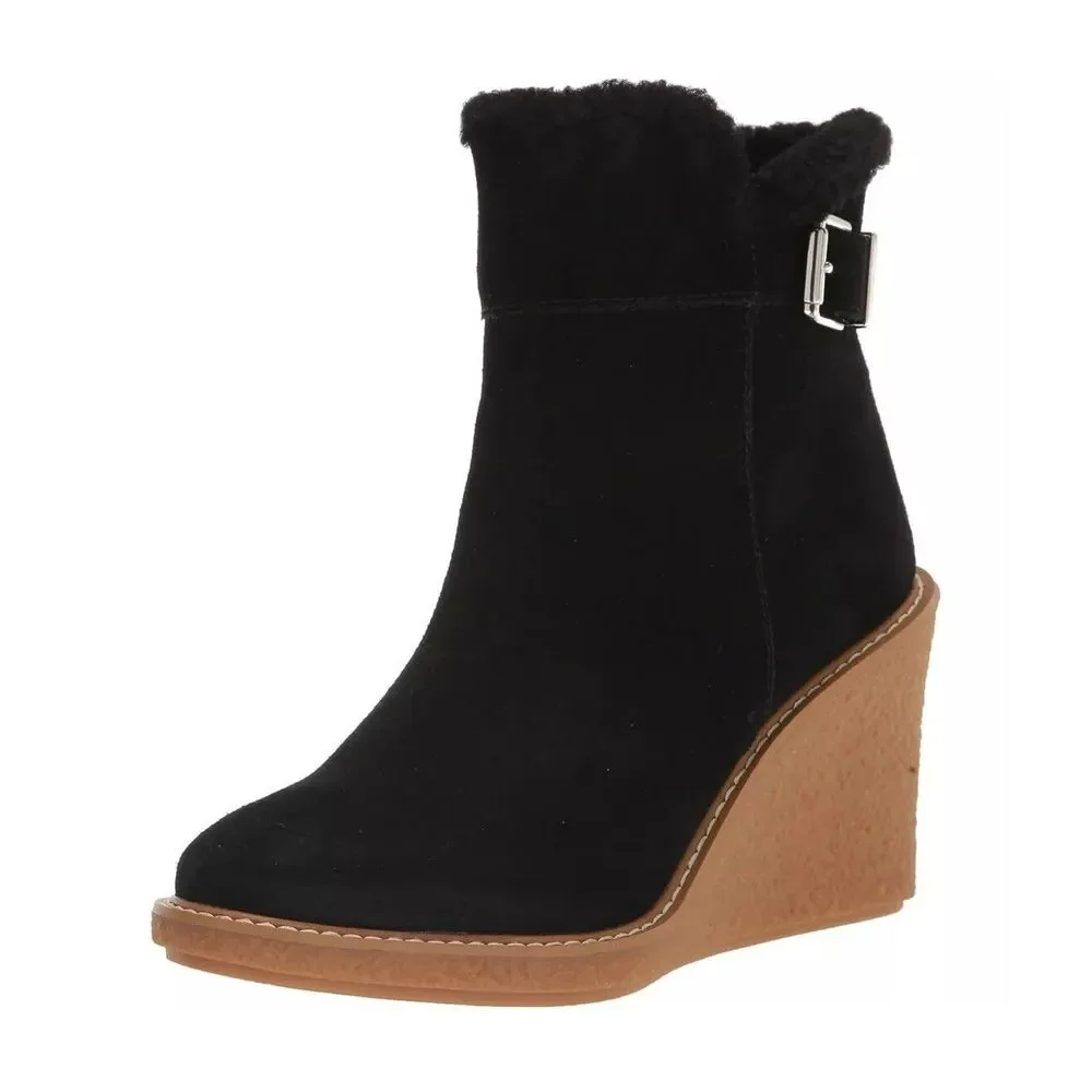 NEW Franco Sarto Women's Ulayna Suede Faux‎ Fur Wedge Boots Black Size 8